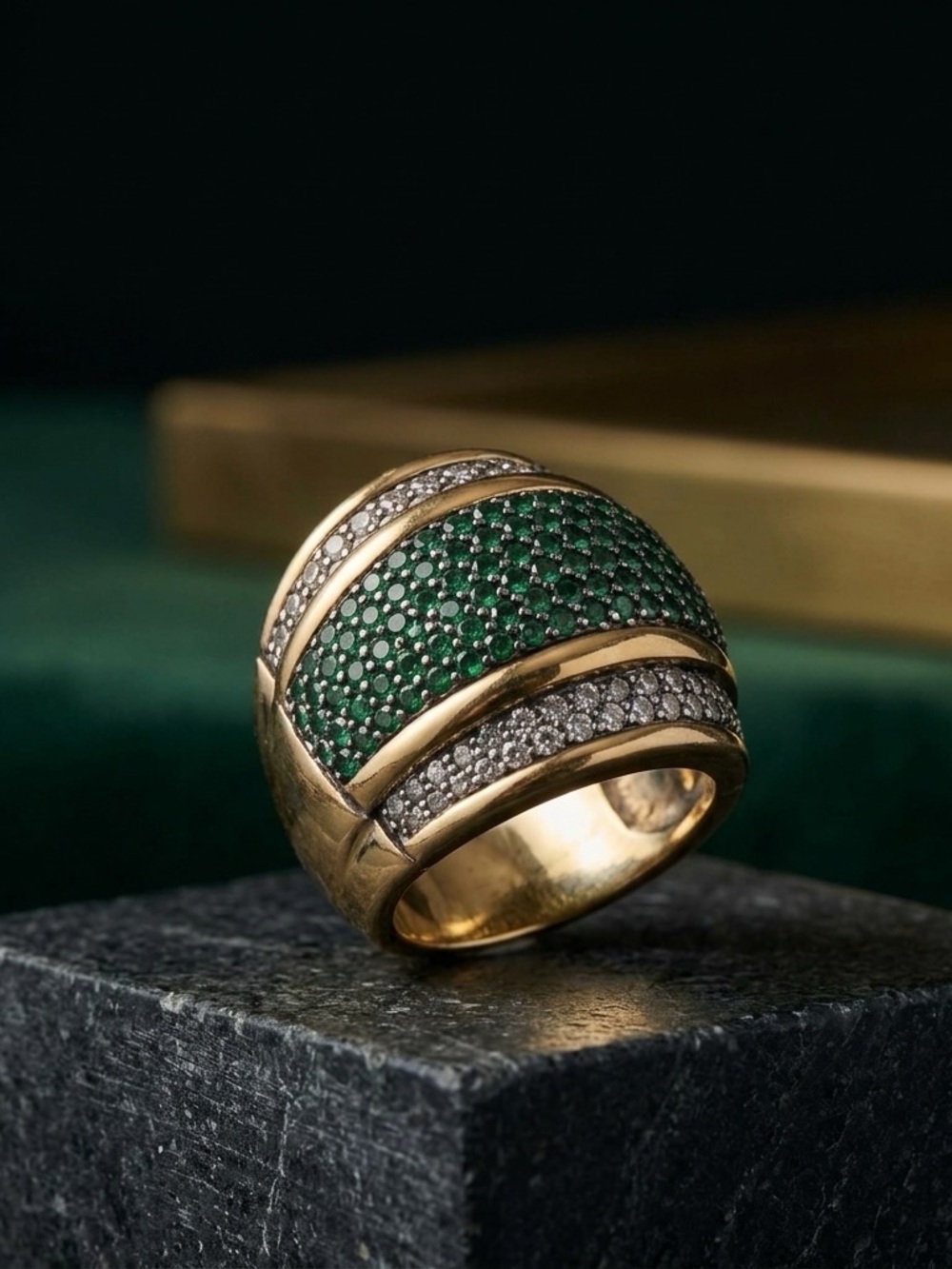 Handcrafted 10k Gold and Silver Green & Gold Pavé Ring- Brand New Gift Box Inclu